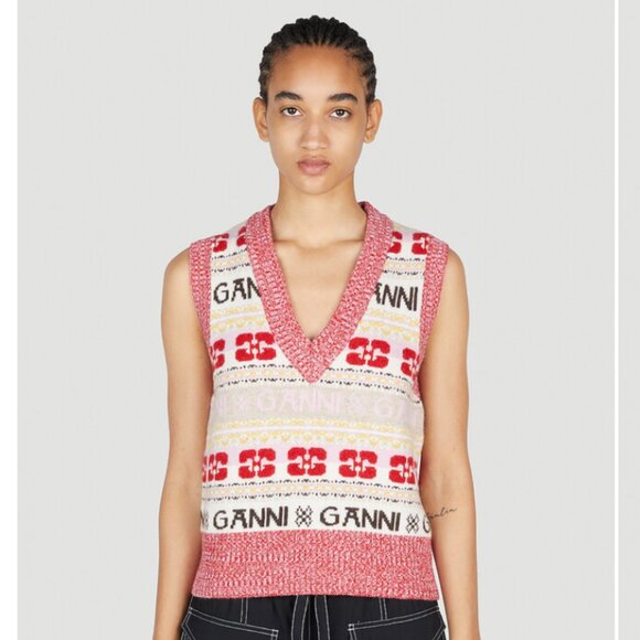 Ganni Intarsia Logo Sweater Knit Vest - S - Picture 5 of 5